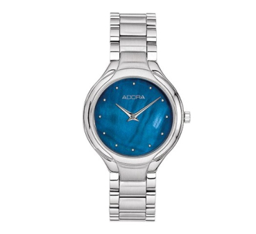 Adora AT5367 Damenuhr mit blauem Zifferblatt, rundem Edelstahlgehäuse, Mineralglas und Faltschließe – 3 Bar wasserdicht.